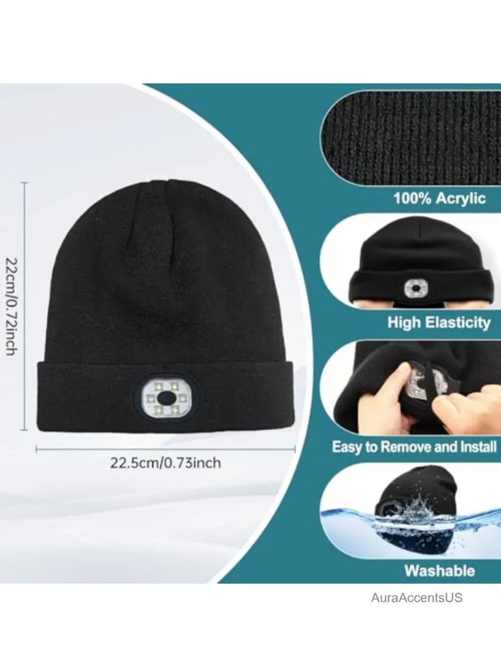LED Beanie Hat with Bluetooth Headphones, Rechargeable Headlamp, 100% Acrylic,